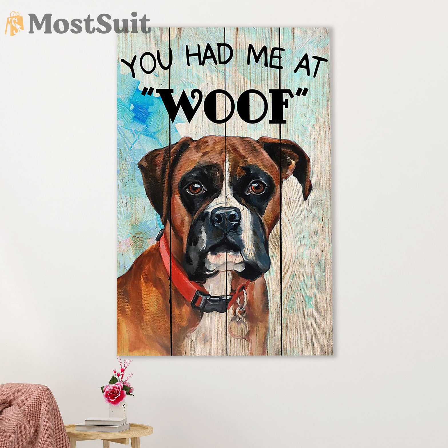 Funny Cute Boxer Poster | Had Me At Woof | Wall Art Gift for Brindle Boxador Puppies Lover