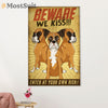 Funny Cute Boxer Poster | Beware We Kiss | Wall Art Gift for Brindle Boxador Puppies Lover