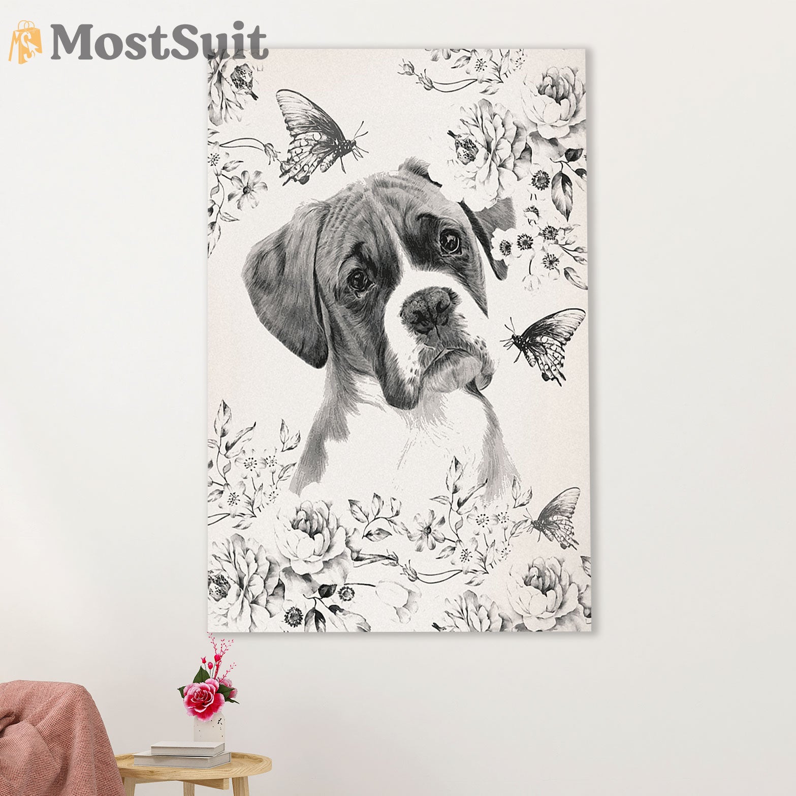 Funny Cute Boxer Poster | Boxer & Butterfly | Wall Art Gift for Brindle Boxador Puppies Lover