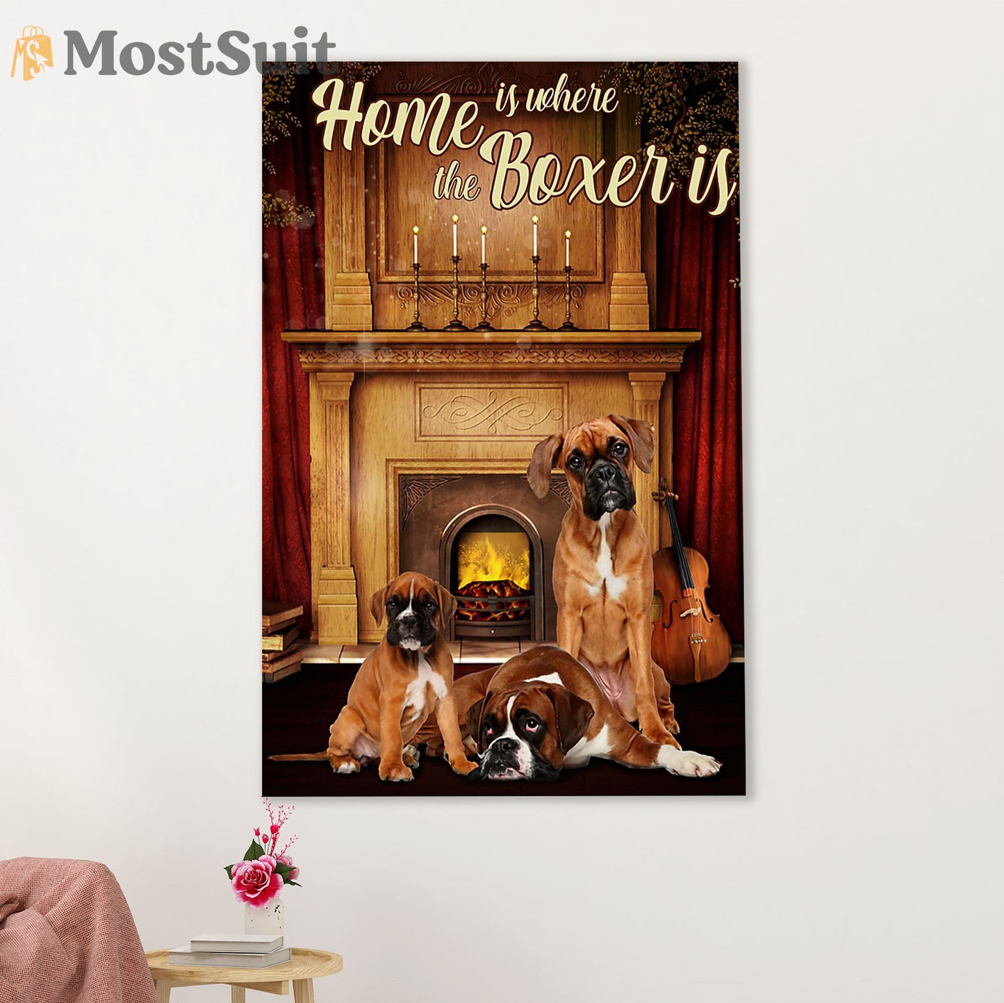 Funny Cute Boxer Poster | Home Is Where | Wall Art Gift for Brindle Boxador Puppies Lover