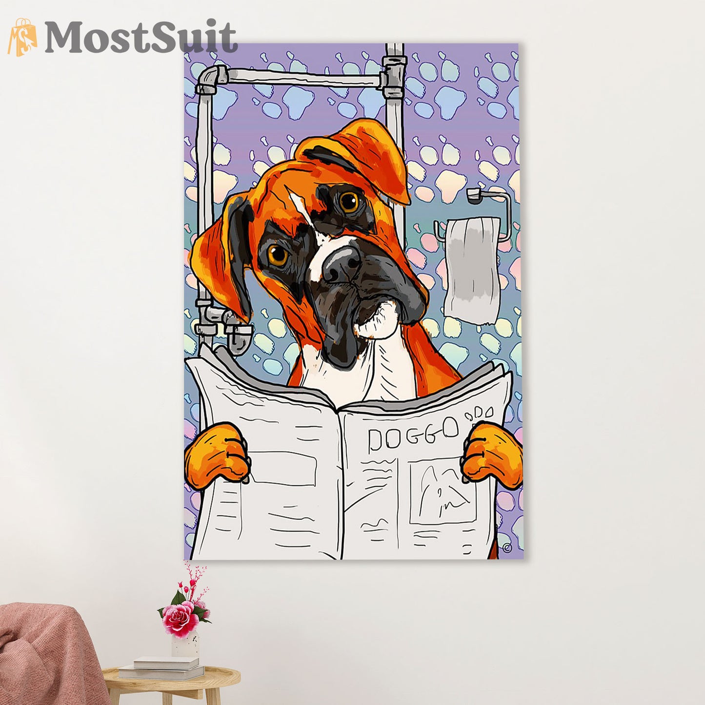 Funny Cute Boxer Canvas Wall Art Prints | Dog in Toilet | Gift for Brindle Boxador Dog Lover