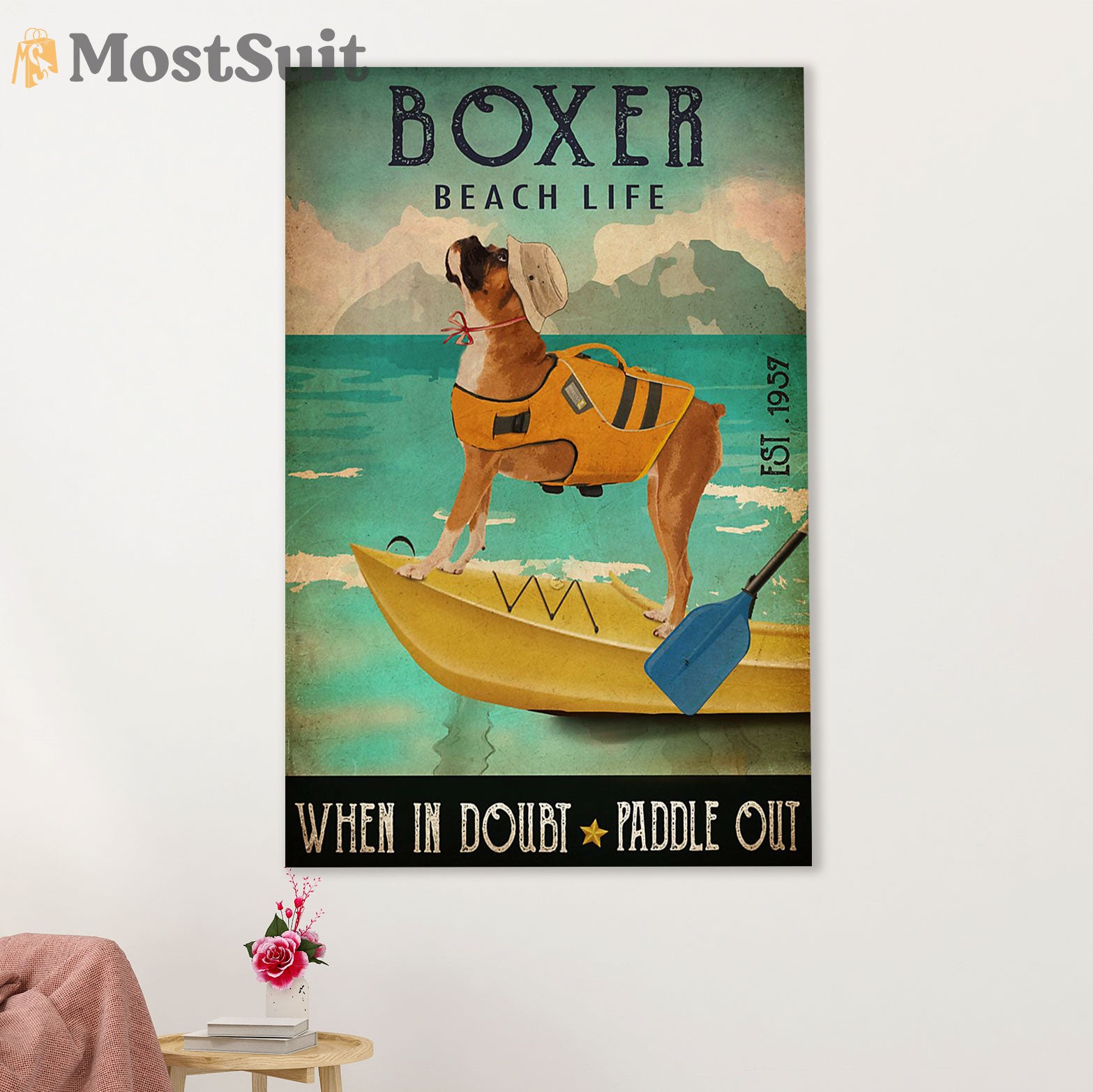 Funny Cute Boxer Canvas Wall Art Prints | Beach Life | Gift for Brindle Boxador Dog Lover