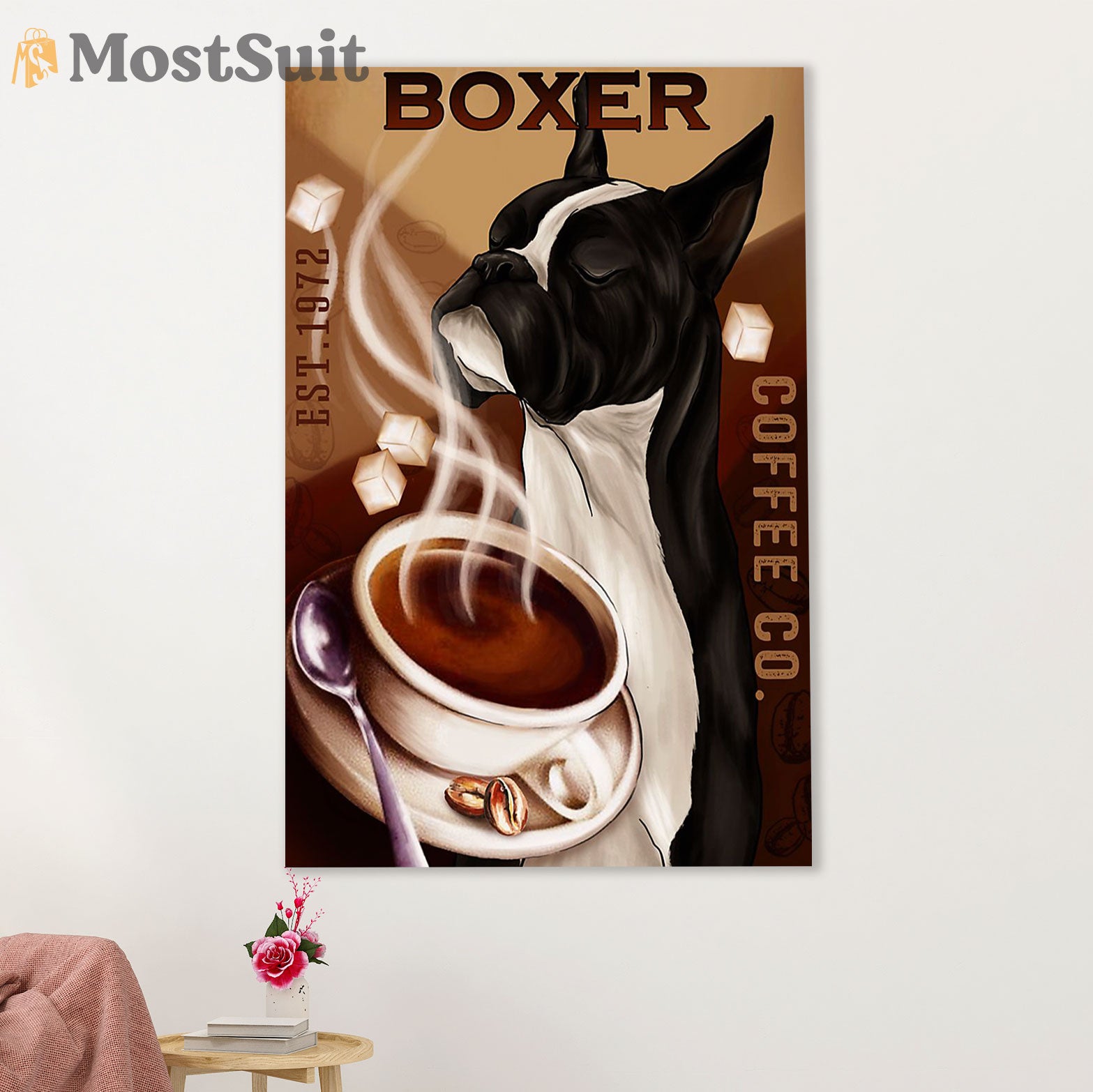 Funny Cute Boxer Canvas Wall Art Prints | Coffee Co | Gift for Brindle Boxador Dog Lover