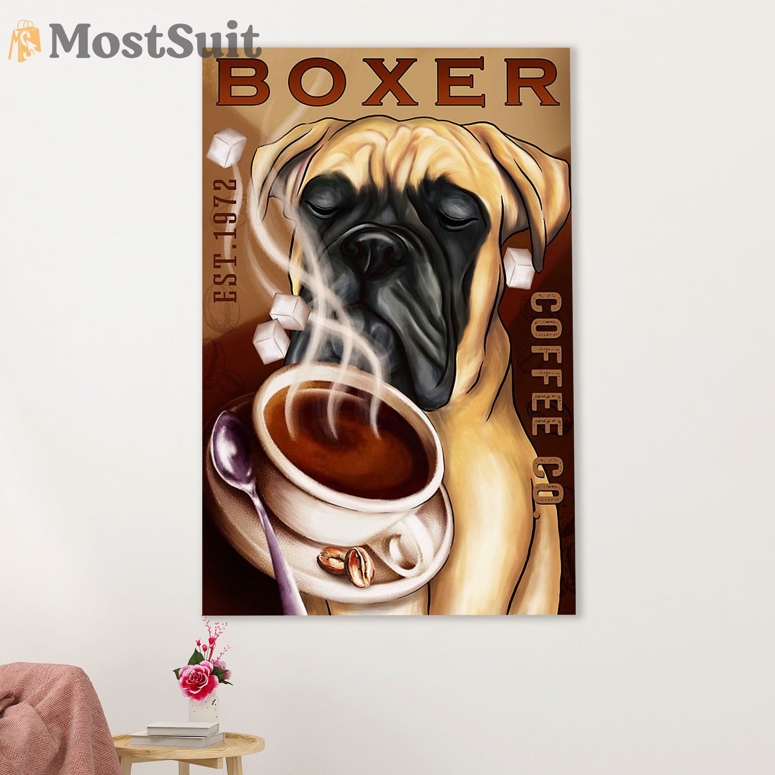 Funny Cute Boxer Canvas Wall Art Prints | Coffee Co | Gift for Brindle Boxador Dog Lover