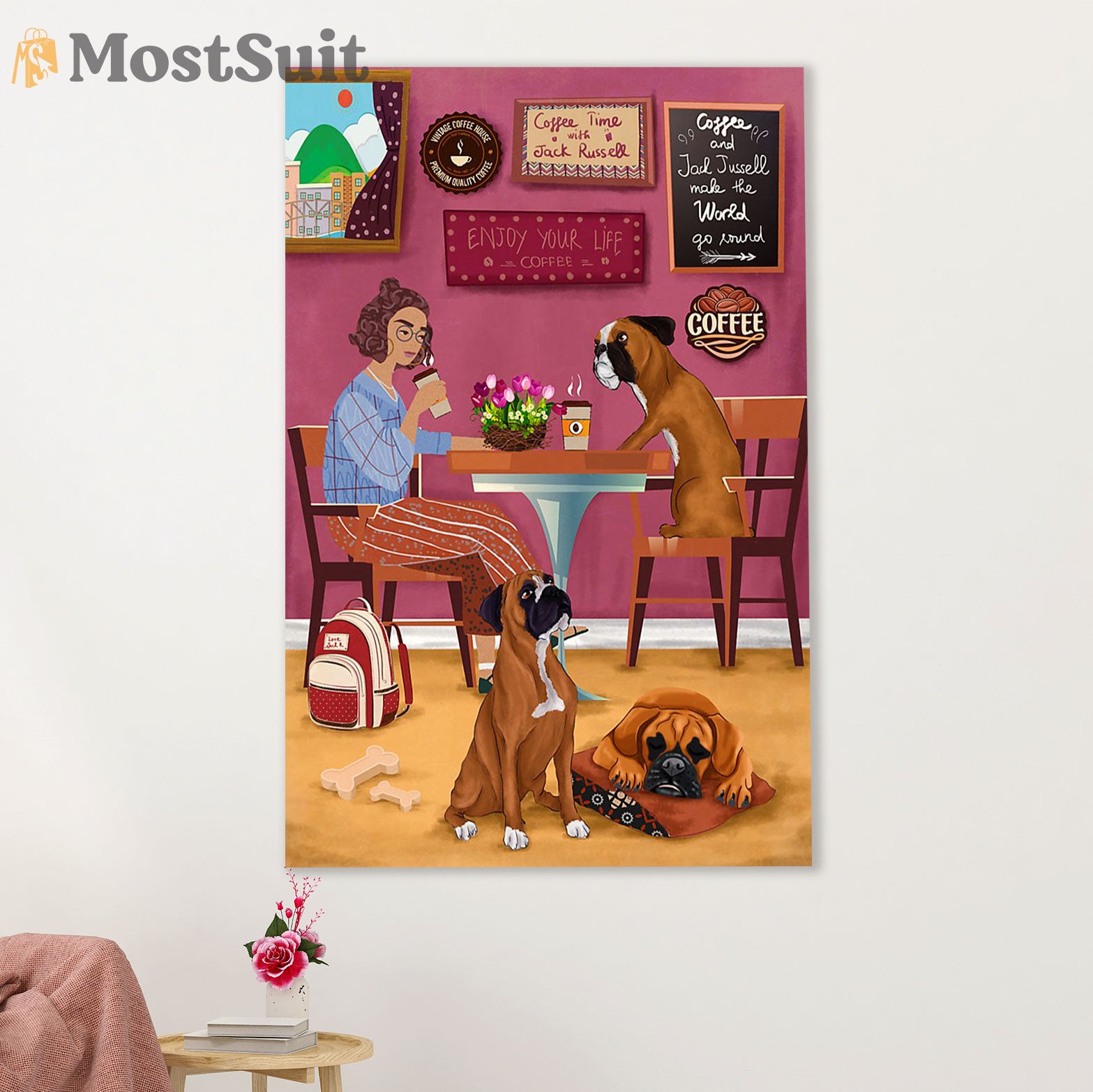 Funny Cute Boxer Canvas Wall Art Prints | Girl Drinks Coffee with Dog | Gift for Brindle Boxador Dog Lover