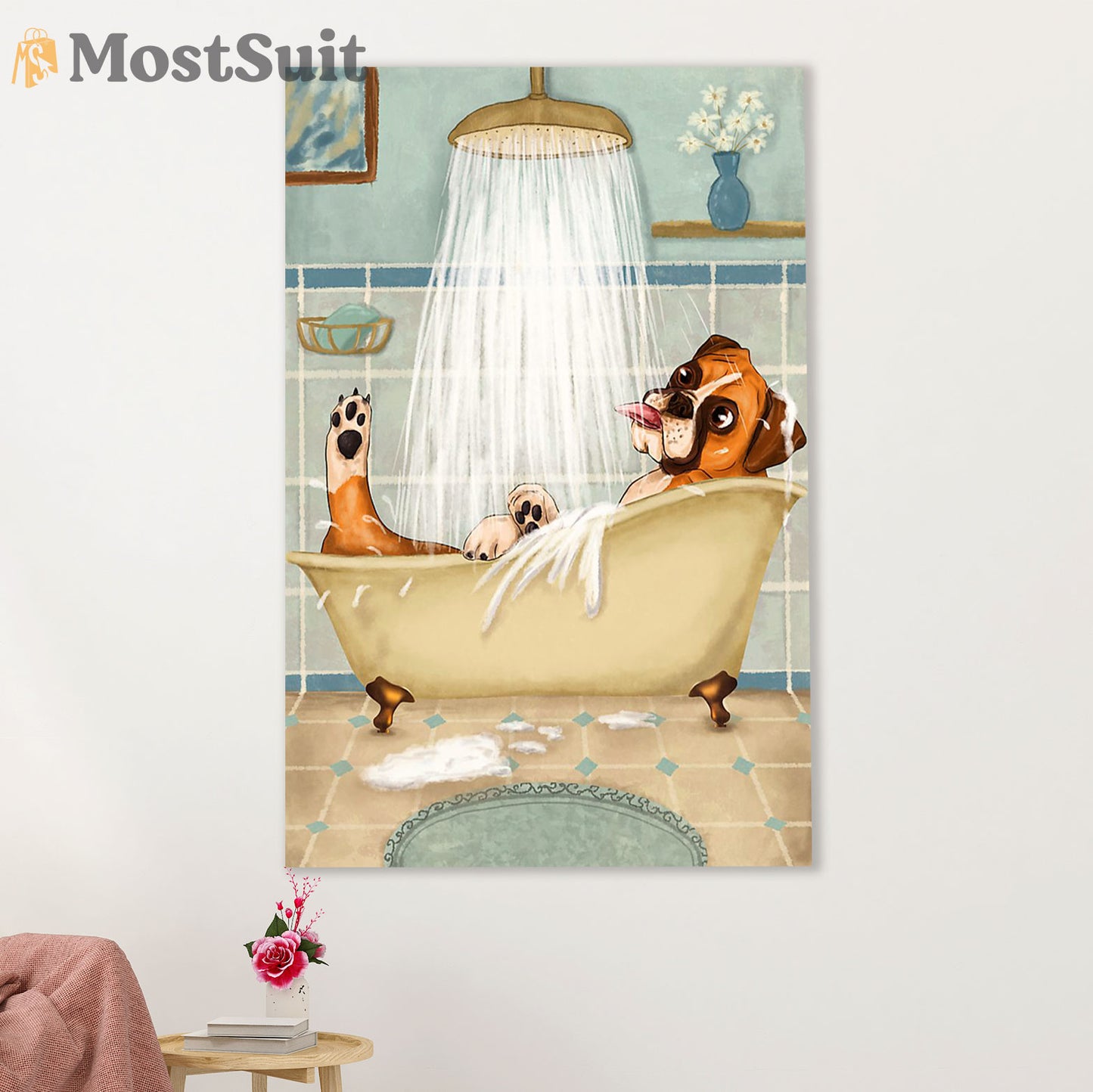 Funny Cute Boxer Canvas Wall Art Prints | Funny Dog in Bath | Gift for Brindle Boxador Dog Lover