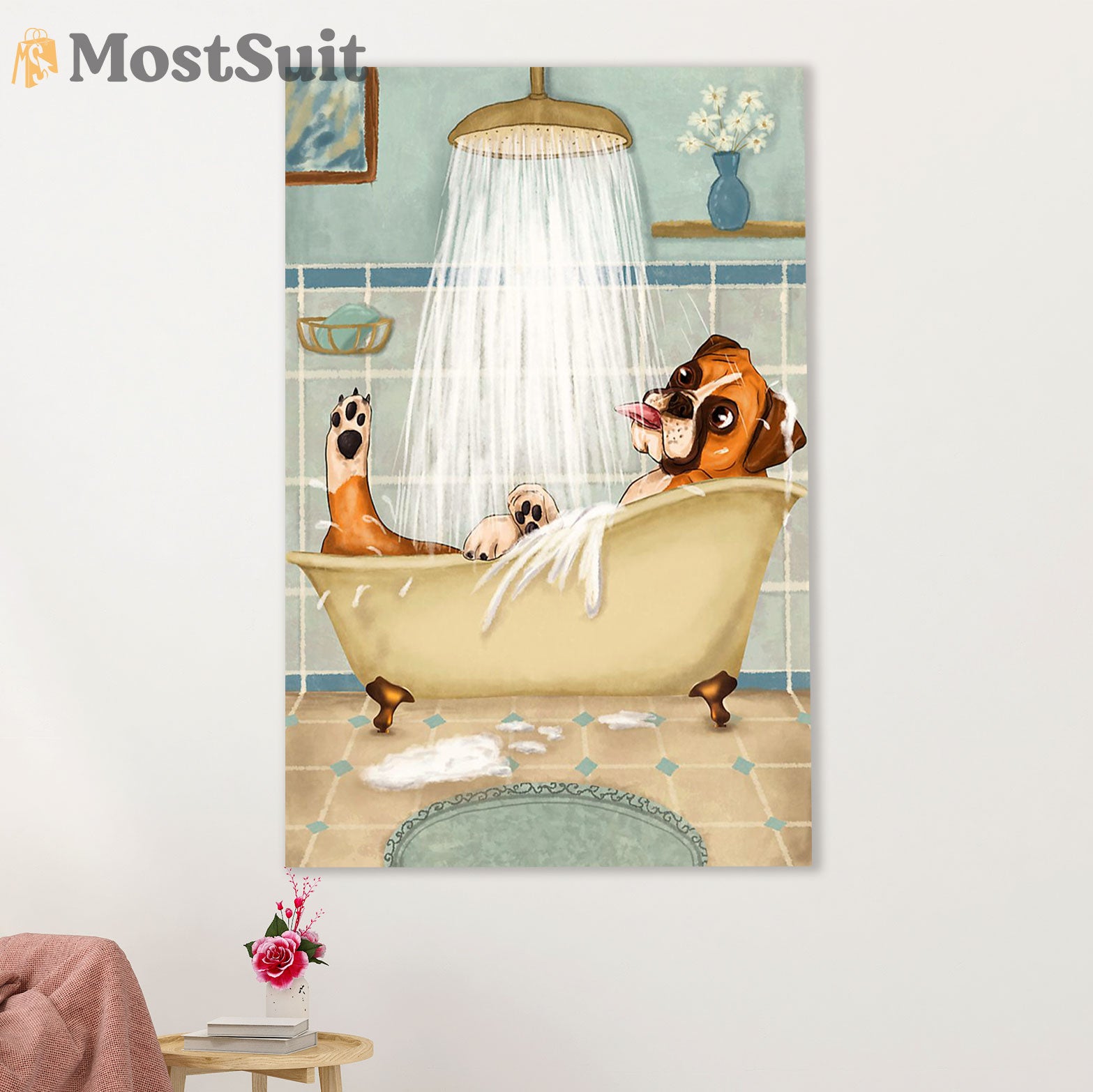 Funny Cute Boxer Canvas Wall Art Prints | Funny Dog in Bath | Gift for Brindle Boxador Dog Lover