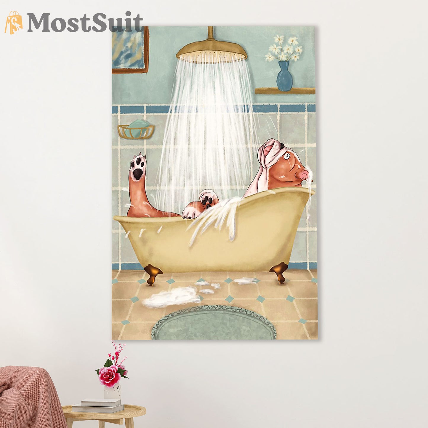 Funny Cute Boxer Poster | Funny Dog in Bath | Wall Art Gift for Brindle Boxador Puppies Lover