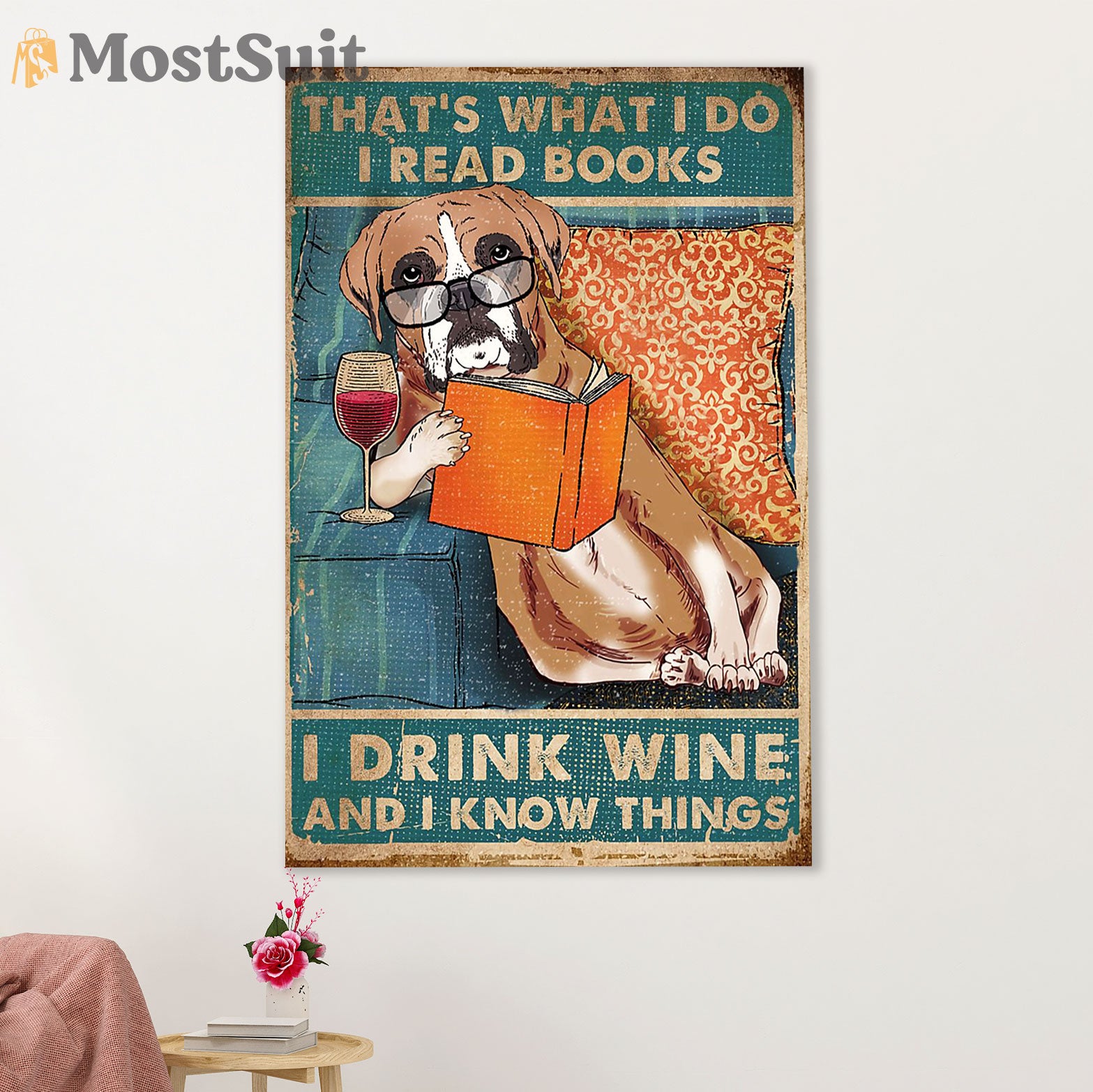 Funny Cute Boxer Canvas Wall Art Prints | Read Books, Drink Wine & Know Things | Gift for Brindle Boxador Dog Lover