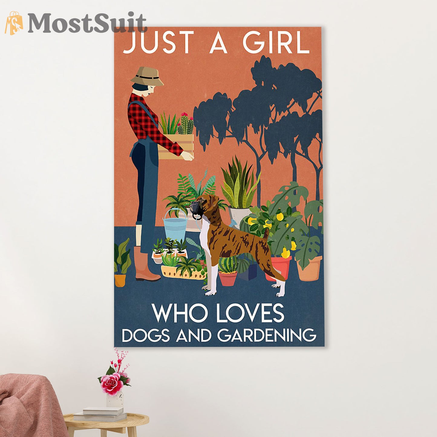 Funny Cute Boxer Poster | Girl Loves Dogs & Gardening | Wall Art Gift for Brindle Boxador Puppies Lover