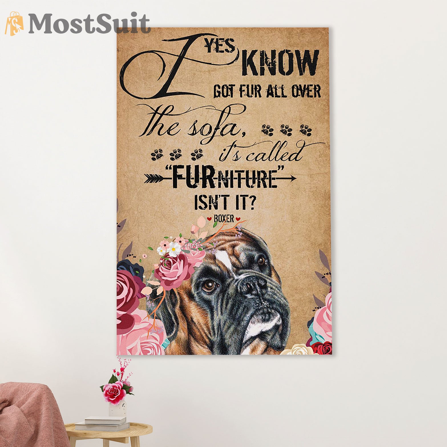 Funny Cute Boxer Canvas Wall Art Prints | Dog Flower Furniture | Gift for Brindle Boxador Dog Lover