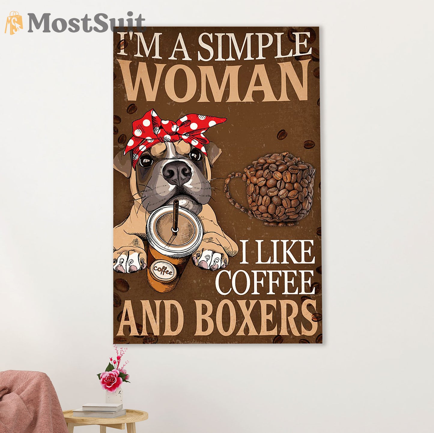 Funny Cute Boxer Canvas Wall Art Prints | Woman Loves Coffee & Boxers | Gift for Brindle Boxador Dog Lover