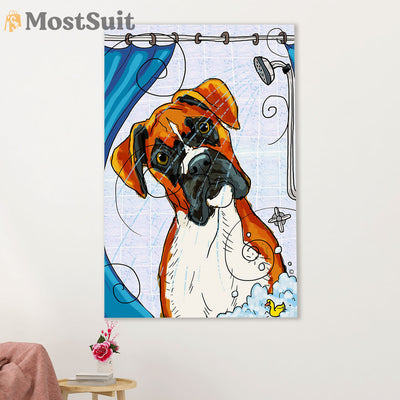 Funny Cute Boxer Poster | Dog in Bath | Wall Art Gift for Brindle Boxador Puppies Lover