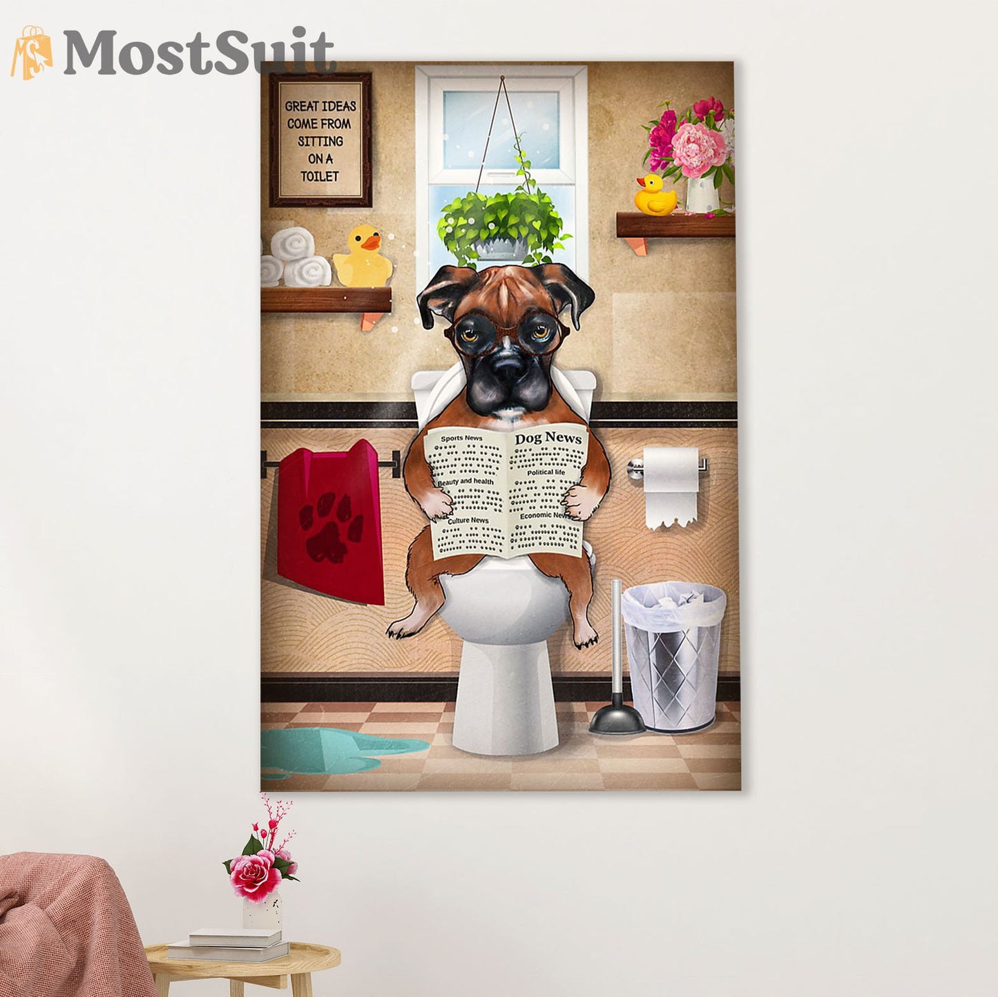 Funny Cute Boxer Poster | Funny Dog in Toilet | Wall Art Gift for Brindle Boxador Puppies Lover