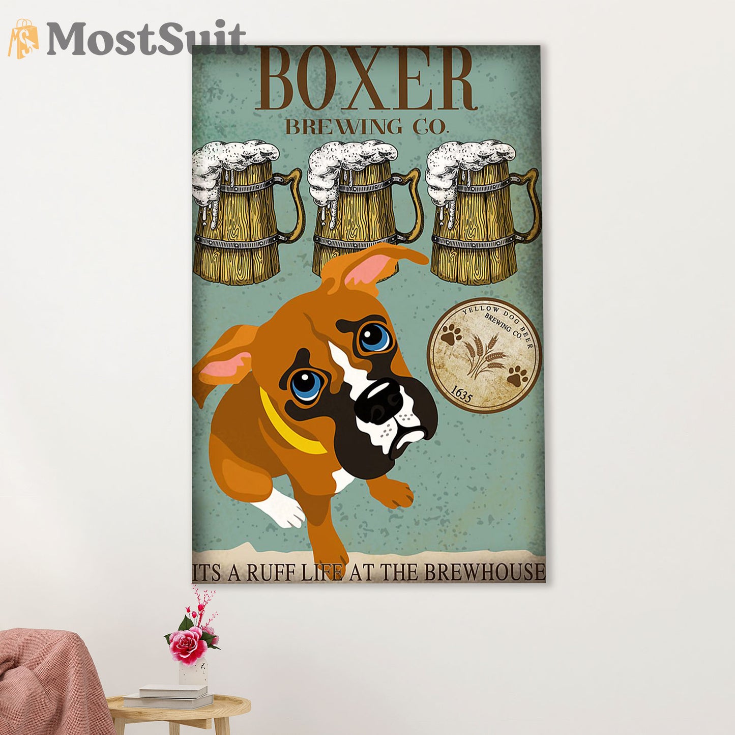 Funny Cute Boxer Canvas Wall Art Prints | Boxer Brewing | Gift for Brindle Boxador Dog Lover
