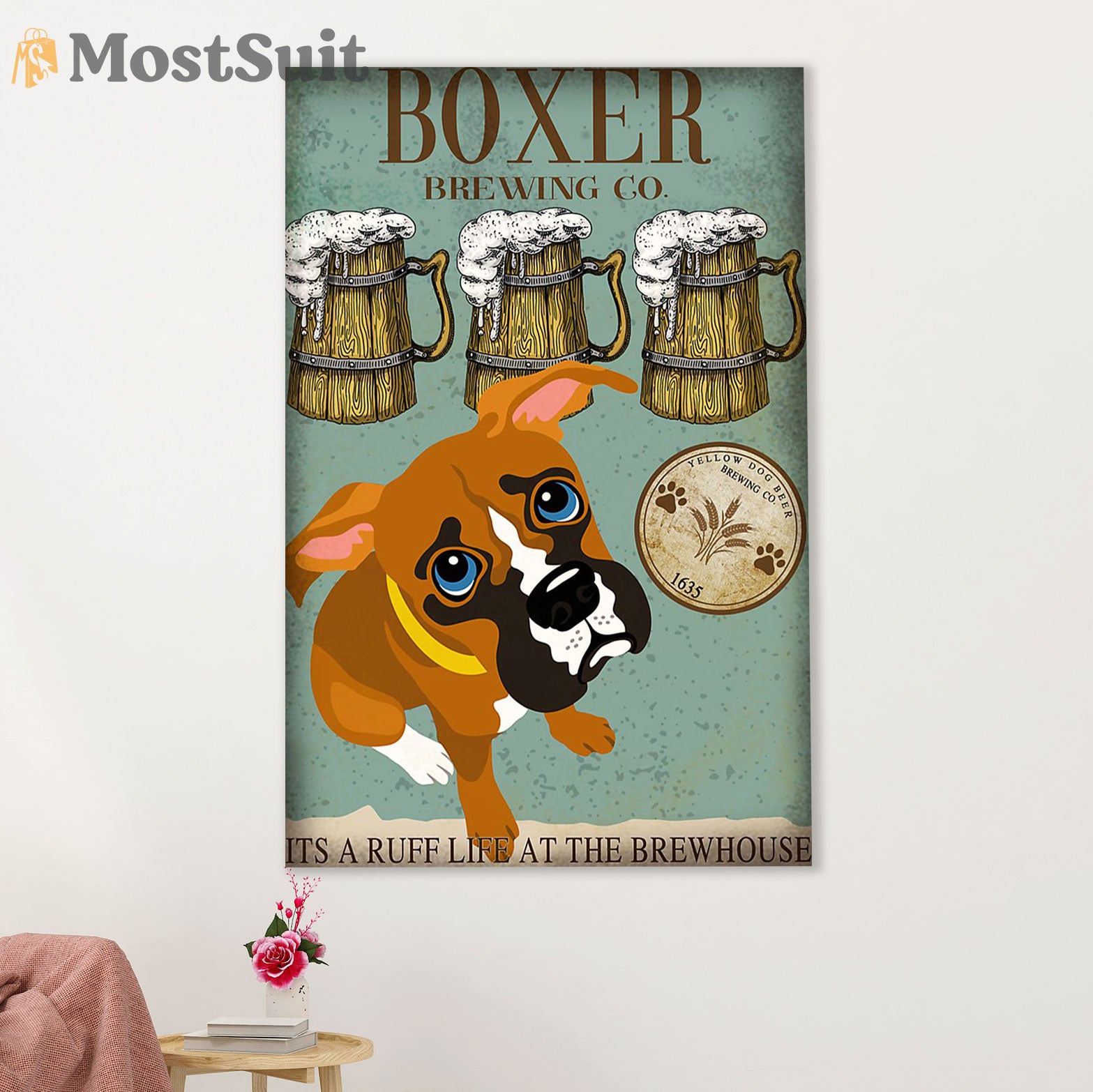 Funny Cute Boxer Canvas Wall Art Prints | Boxer Brewing | Gift for Brindle Boxador Dog Lover