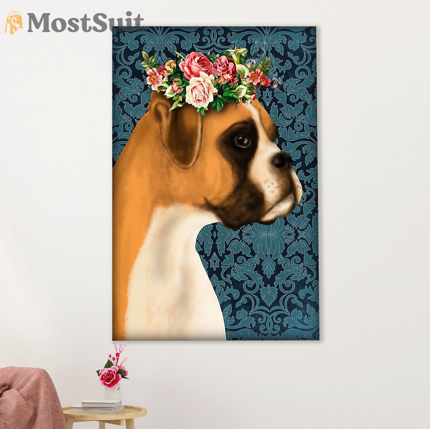 Funny Cute Boxer Canvas Wall Art Prints | Flower Dog | Gift for Brindle Boxador Dog Lover