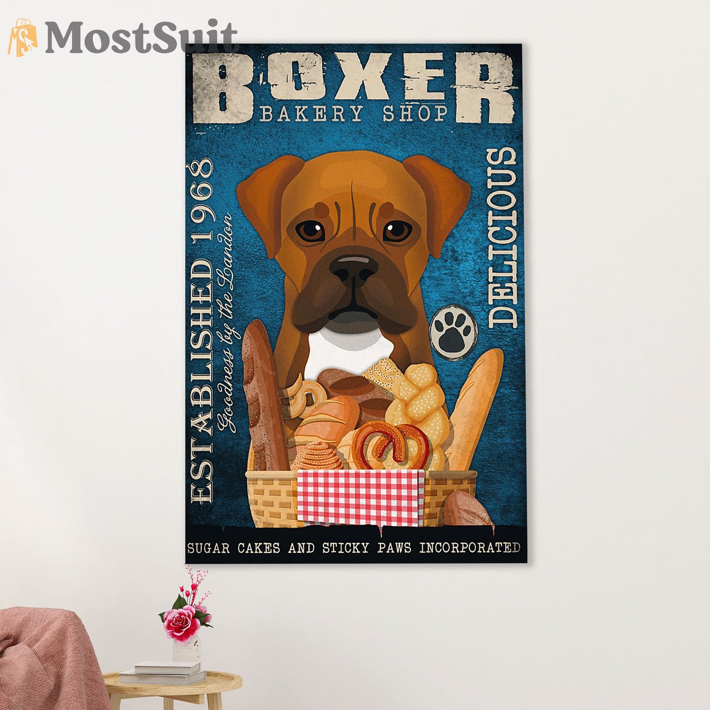Funny Cute Boxer Canvas Wall Art Prints | Boxer Bakery Shop | Gift for Brindle Boxador Dog Lover