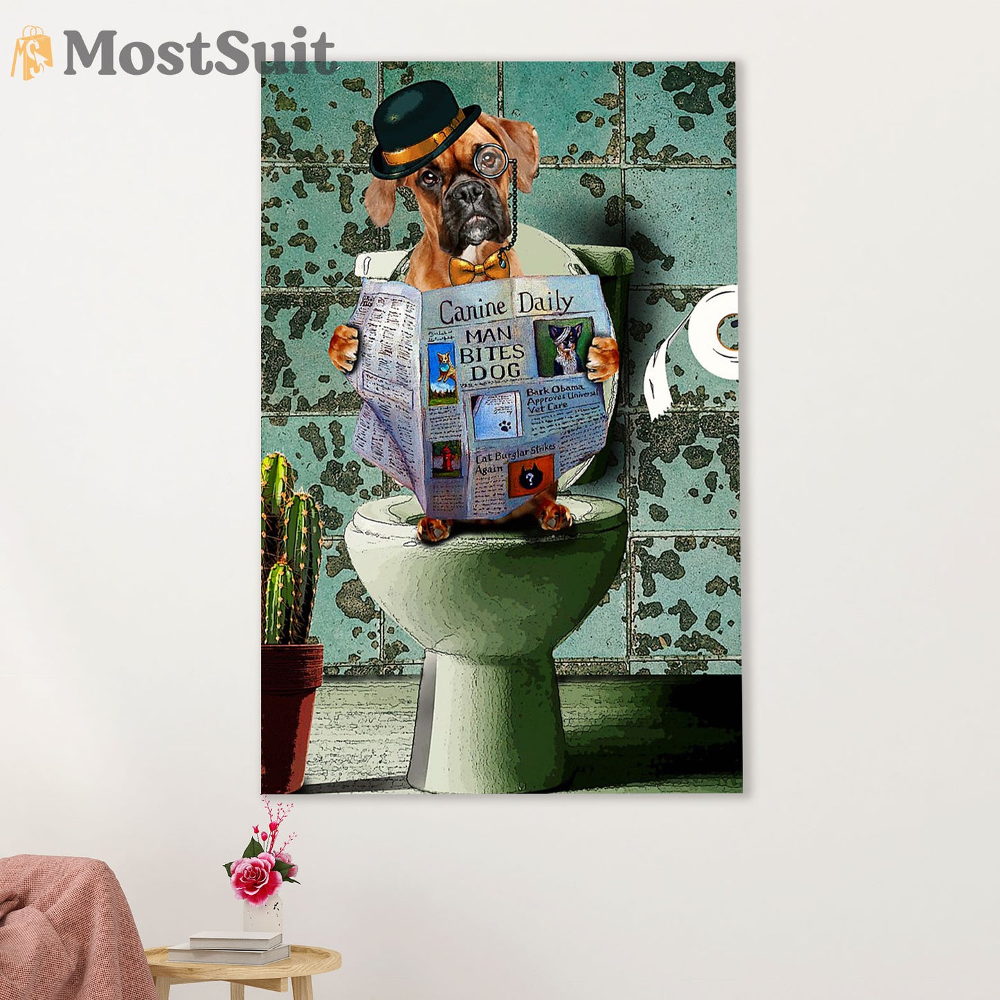 Funny Cute Boxer Poster | Funny Dog in Toilet | Wall Art Gift for Brindle Boxador Puppies Lover