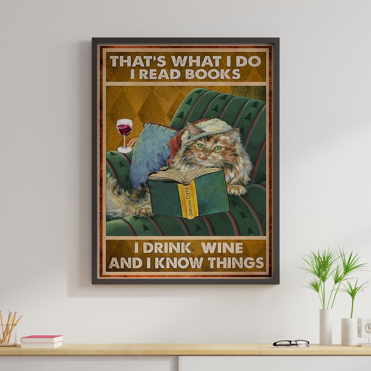 Cat Wine Books Canvas Prints That's What I Do I Read Book I Drink Wine Vintage Wall Art Gifts Vintage Home Wall Decor Canvas - Mostsuit