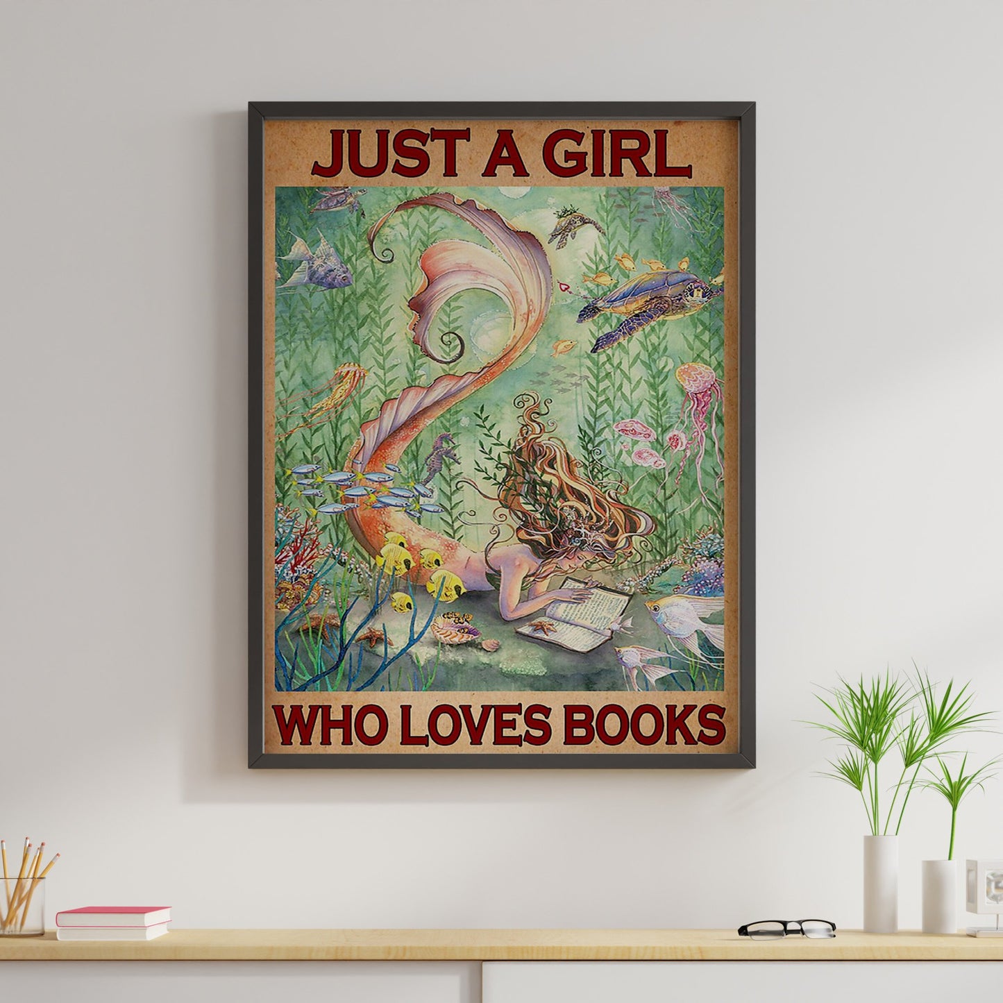 Mermaid Book Canvas Prints Just A Girl Who Loves Books Vintage Wall Art Gifts Vintage Home Wall Decor Canvas - Mostsuit