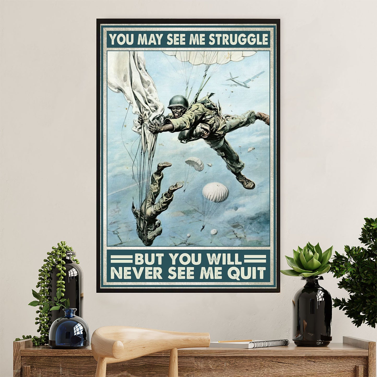 US Army Military Poster Wall Art | Paratrooper Never See Me Quit | American Independence Day Gift for Soldiers