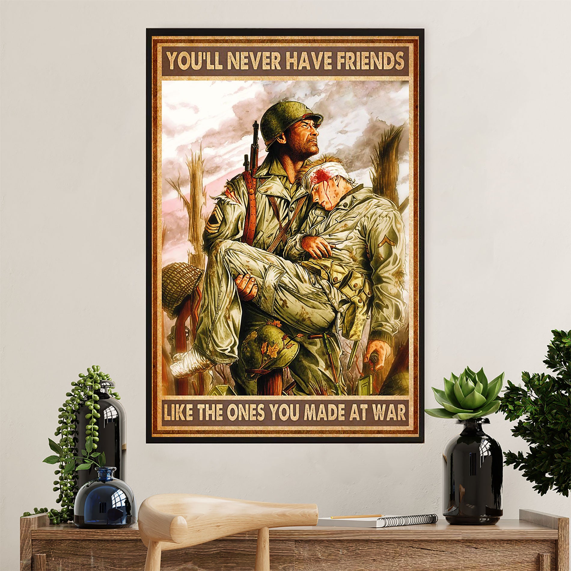 US Army Military Poster Wall Art | Friends At War | American Independence Day Gift for Soldiers