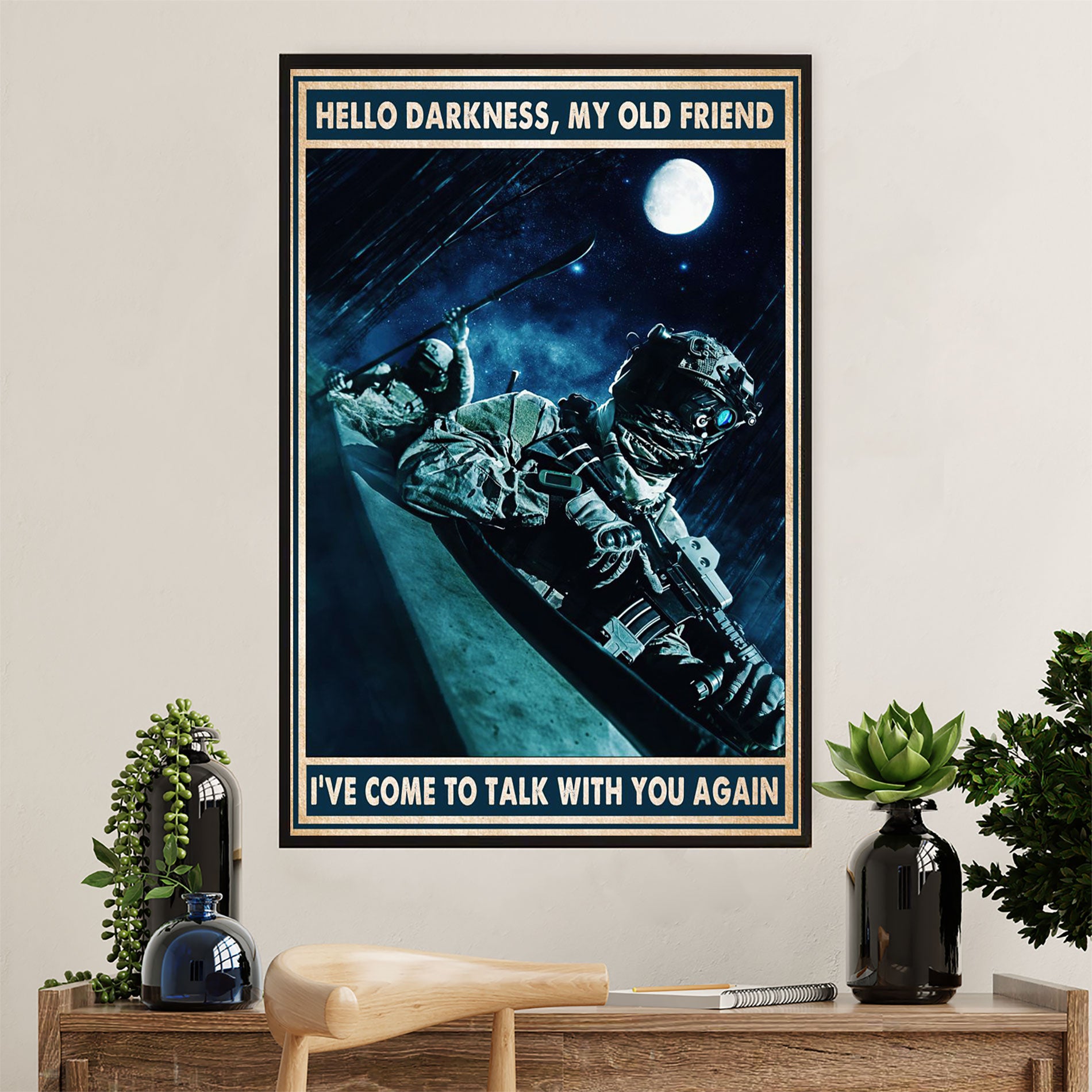 US Army Military Canvas Wall Art | Hello Darkness | American Independence Day Gift for Soldiers