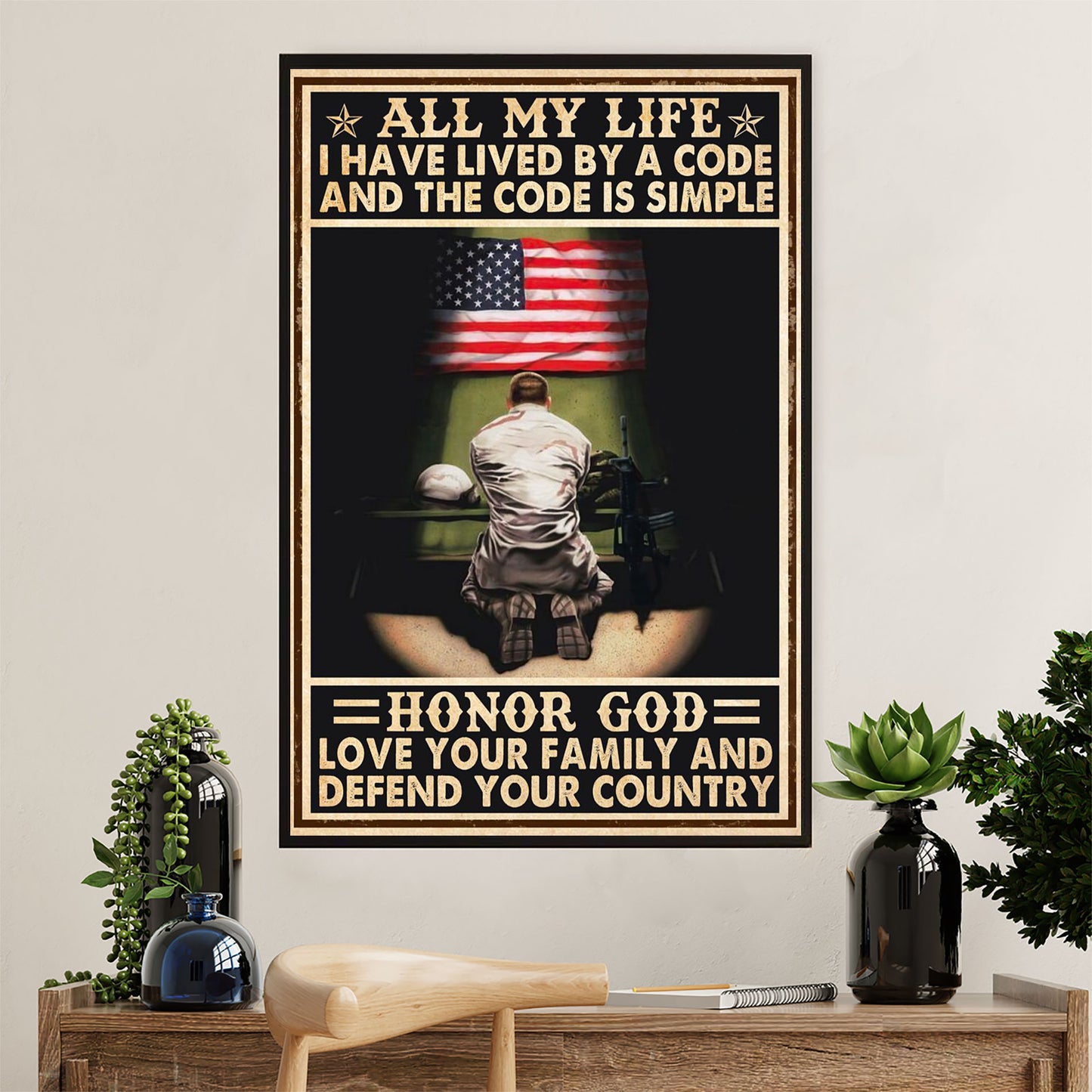 US Army Military Canvas Wall Art | Love Family, Defend Country | American Independence Day Gift for Soldiers