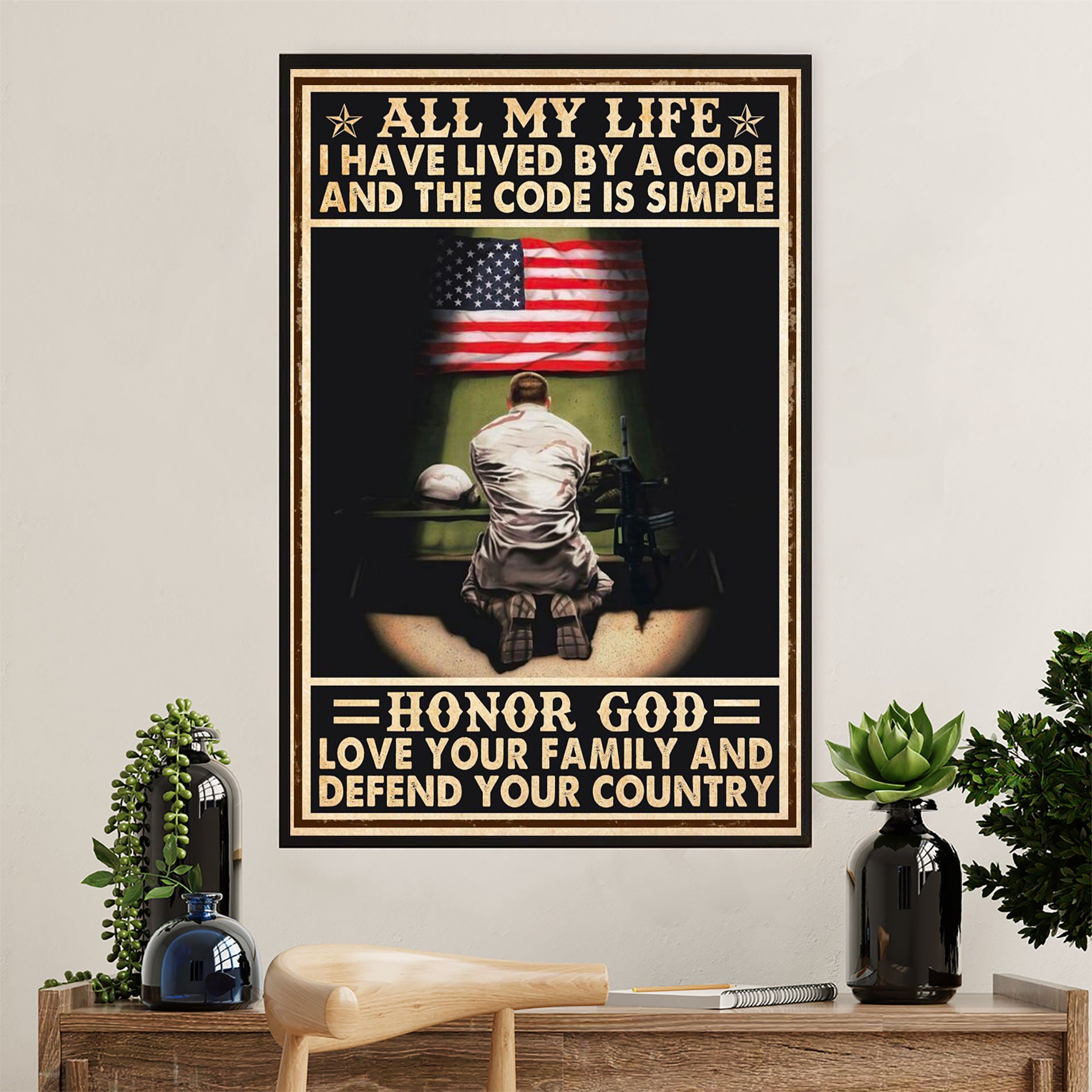 US Army Military Canvas Wall Art | Love Family, Defend Country | American Independence Day Gift for Soldiers