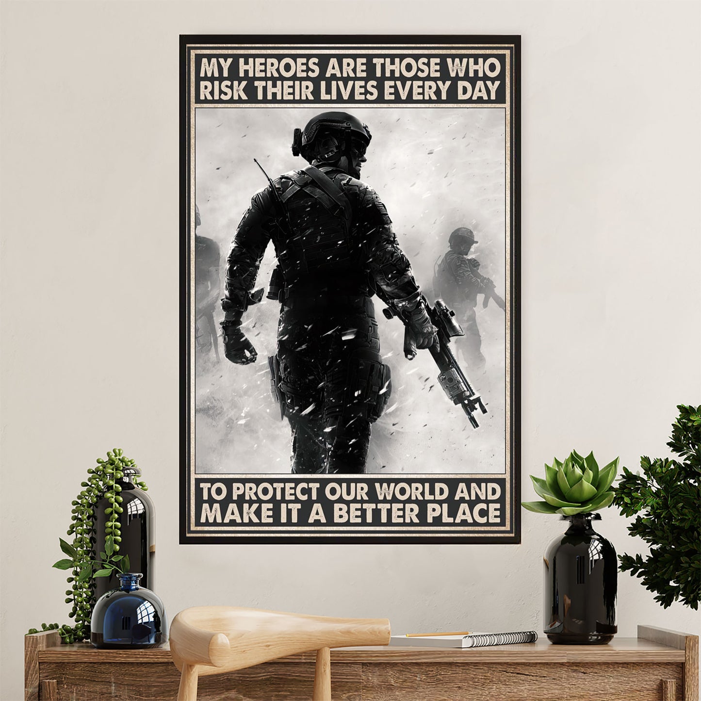 US Army Military Canvas Wall Art | Protect Our World | American Independence Day Gift for Soldiers