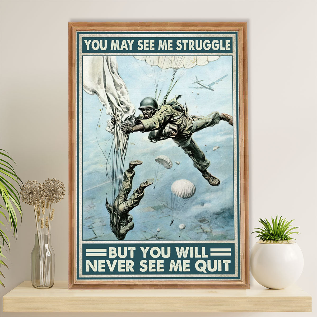 US Army Military Canvas Wall Art | Paratrooper Never See Me Quit | American Independence Day Gift for Soldiers
