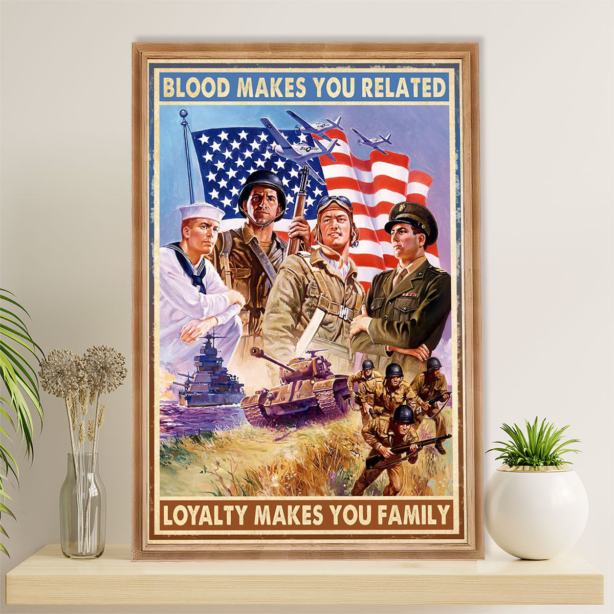 US Army Military Canvas Wall Art | Blood Makes You Related | American Independence Day Gift for Soldiers