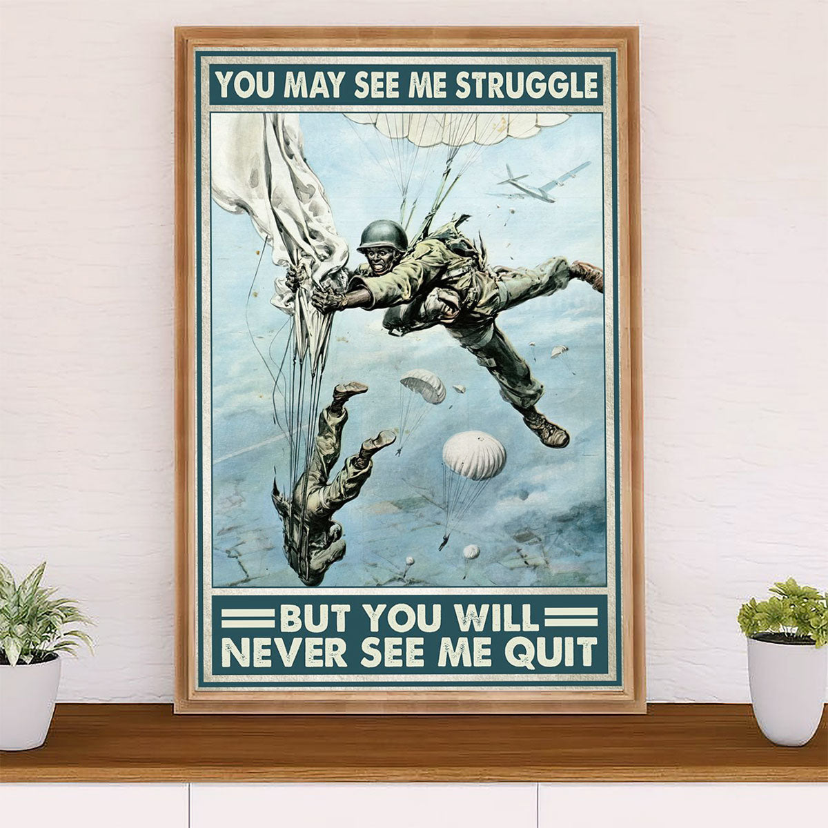 US Army Military Canvas Wall Art | Paratrooper Never See Me Quit | American Independence Day Gift for Soldiers