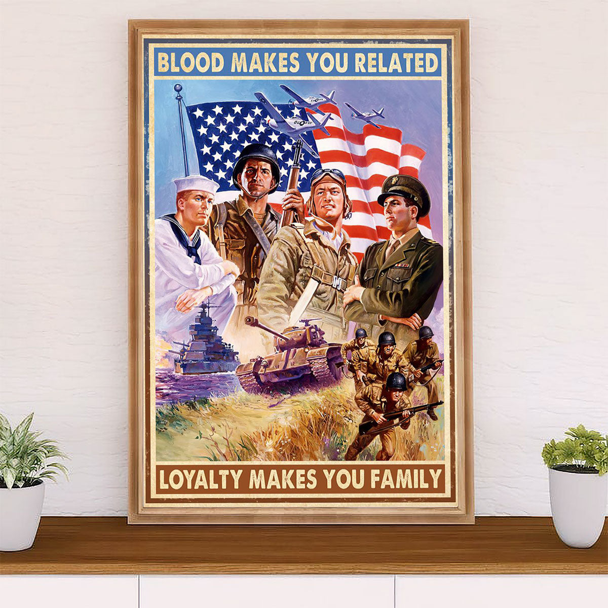 US Army Military Canvas Wall Art | Blood Makes You Related | American Independence Day Gift for Soldiers