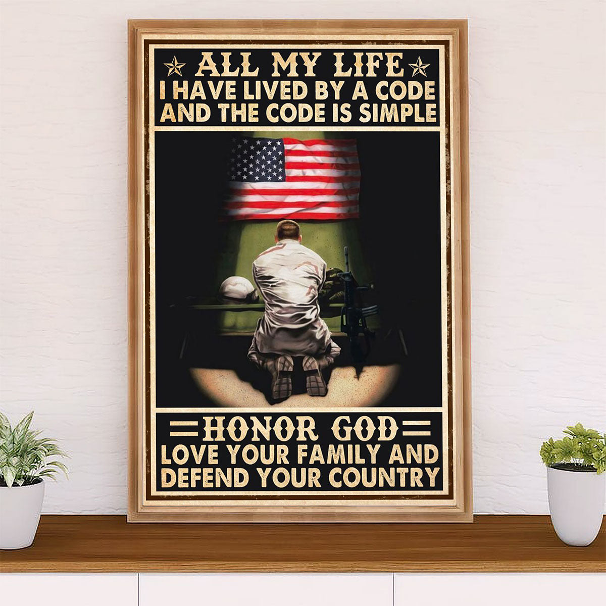 US Army Military Poster Wall Art | Love Family, Defend Country | American Independence Day Gift for Soldiers