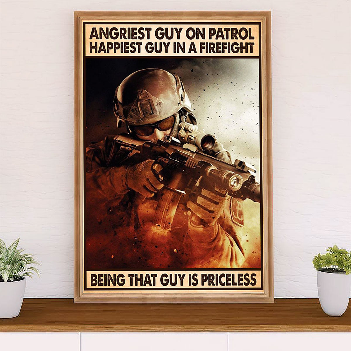 US Army Military Poster Wall Art | Happiest Guy In A Firefight | American Independence Day Gift for Soldiers
