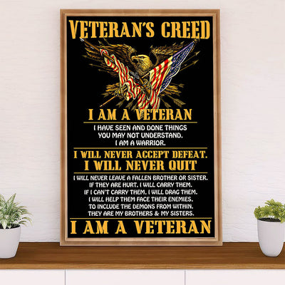 US Army Military Poster Wall Art | Veteran's Creed | American Independence Day Gift for Soldiers