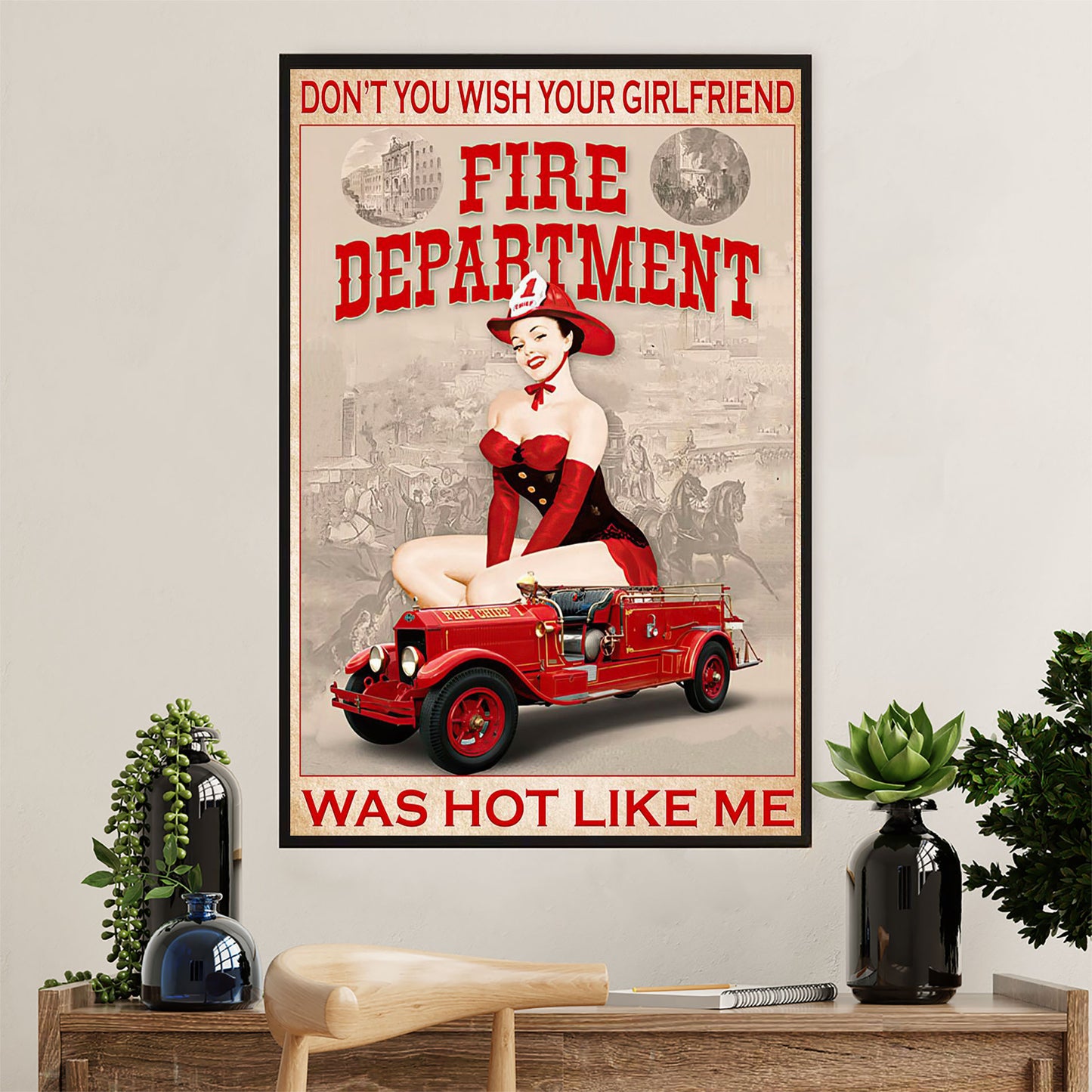 Firefighter Pride Canvas Wall Art Prints | Fire Department Lady | American Independence Day Gift for Fireman