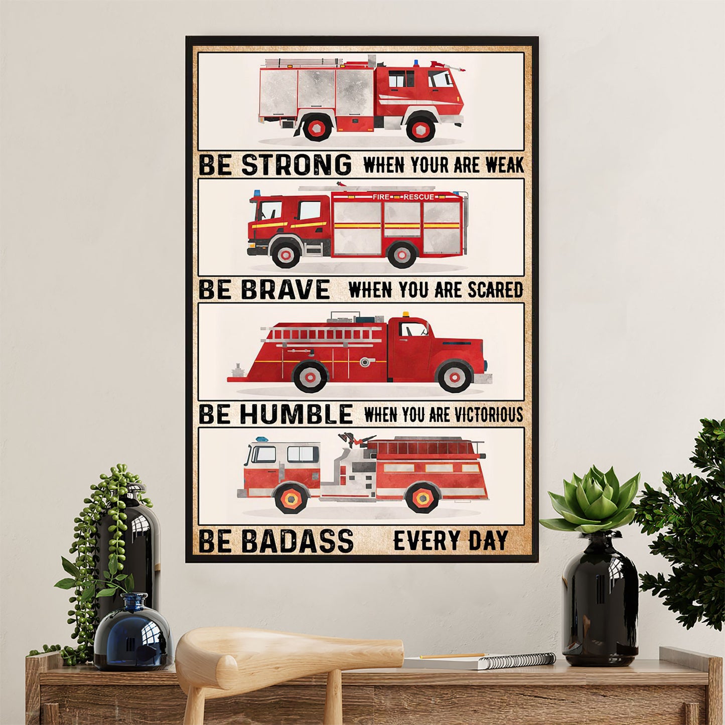 Firefighter Pride Canvas Wall Art Prints | Be Strong Be Brave Firetruck | American Independence Day Gift for Fireman