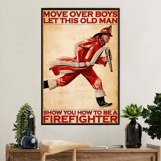 Firefighter Pride Canvas Wall Art Prints | Old Man Firefighter | American Independence Day Gift for Fireman