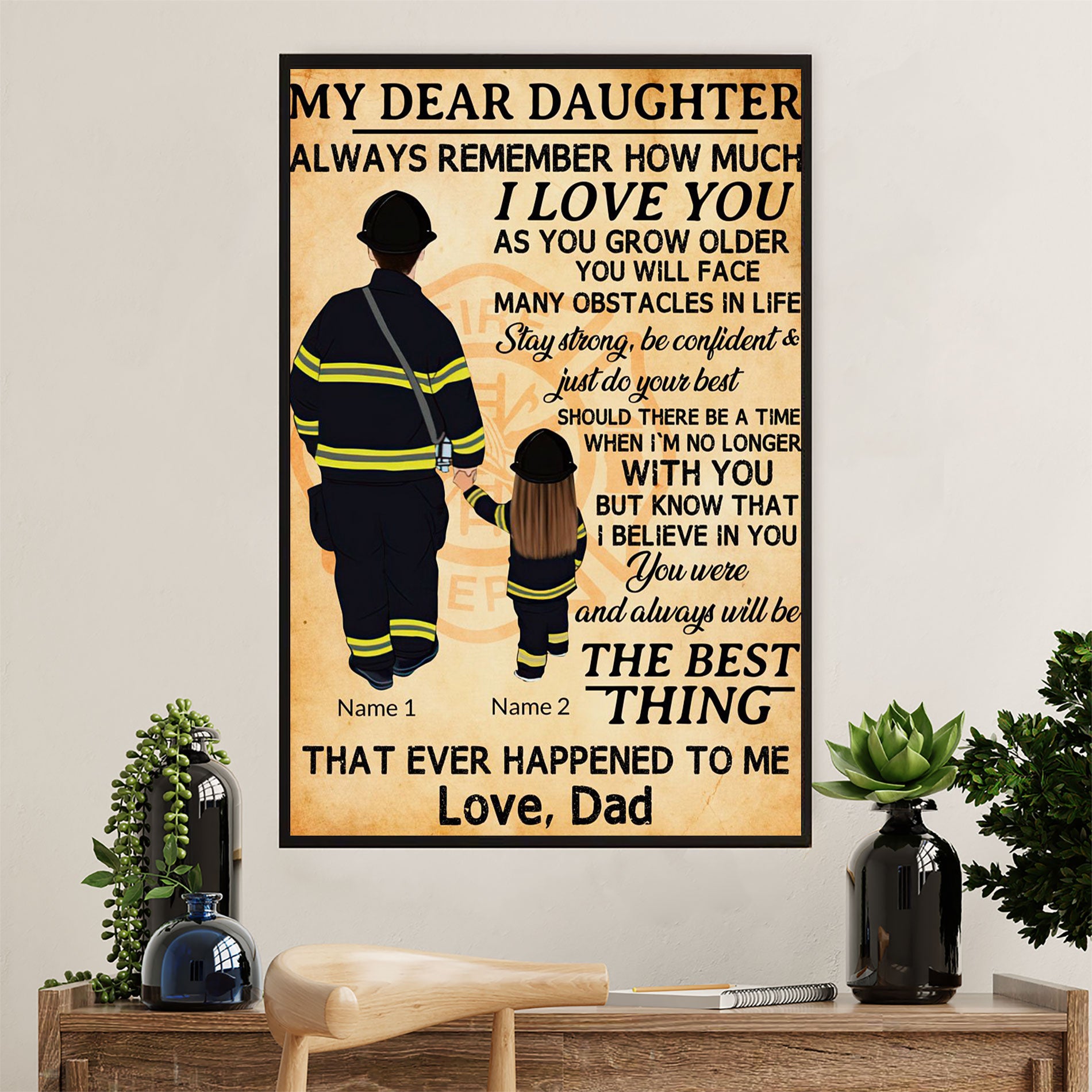 Firefighter Pride Canvas Wall Art Prints | Personalized Name Daughter & Dad | American Independence Day Gift for Fireman