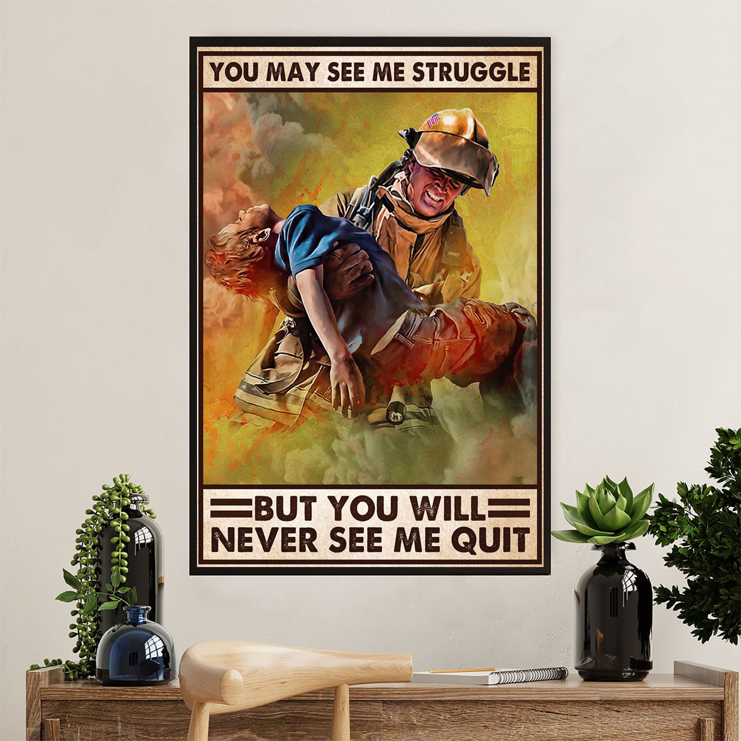 Firefighter Pride Canvas Wall Art Prints | Never See Me Quit | American Independence Day Gift for Fireman