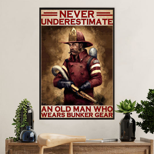 Firefighter Pride Canvas Wall Art Prints | Old Man Wears Bunker Gear | American Independence Day Gift for Fireman