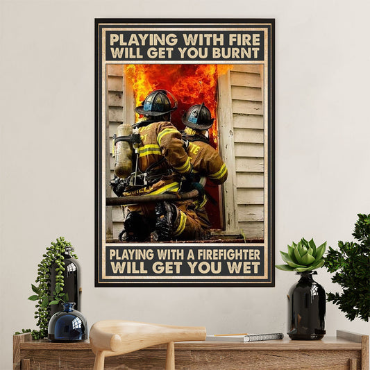Firefighter Pride Canvas Wall Art Prints | Playing With A Firefighter | American Independence Day Gift for Fireman