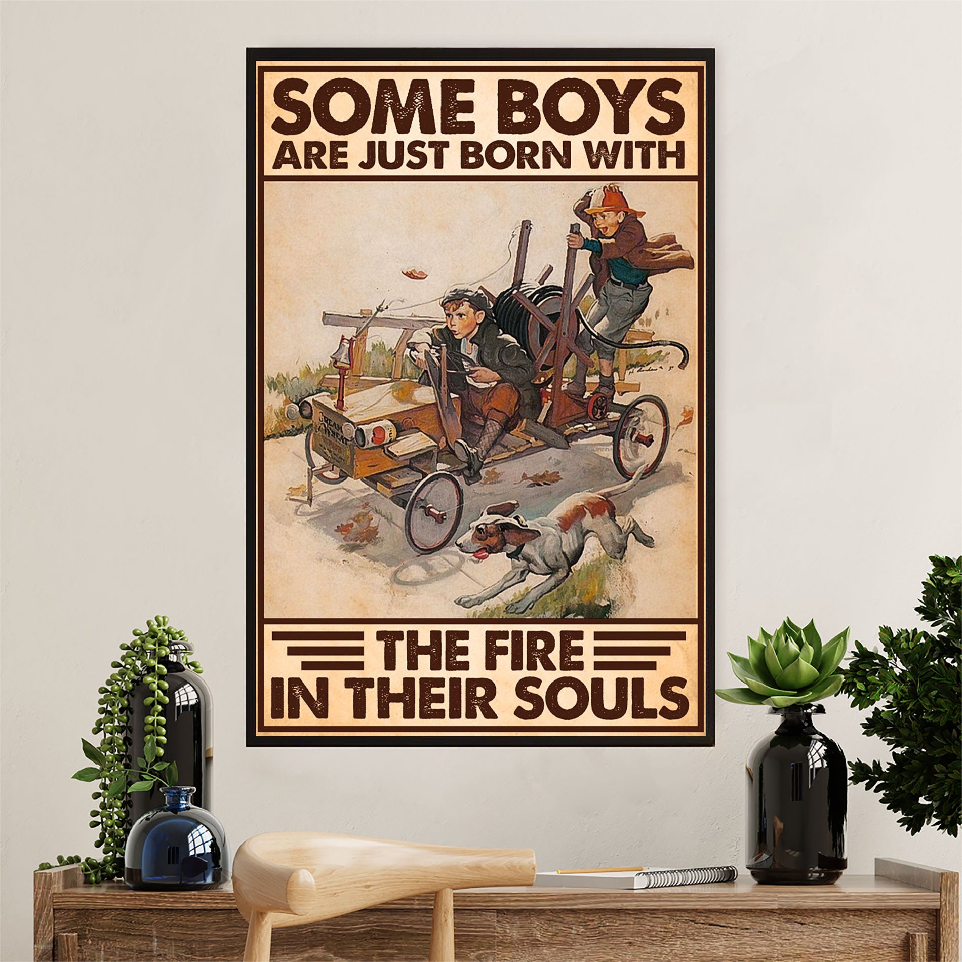 Firefighter Pride Poster Wall Art | Boys Born With Fire | American Independence Day Gift for Fireman