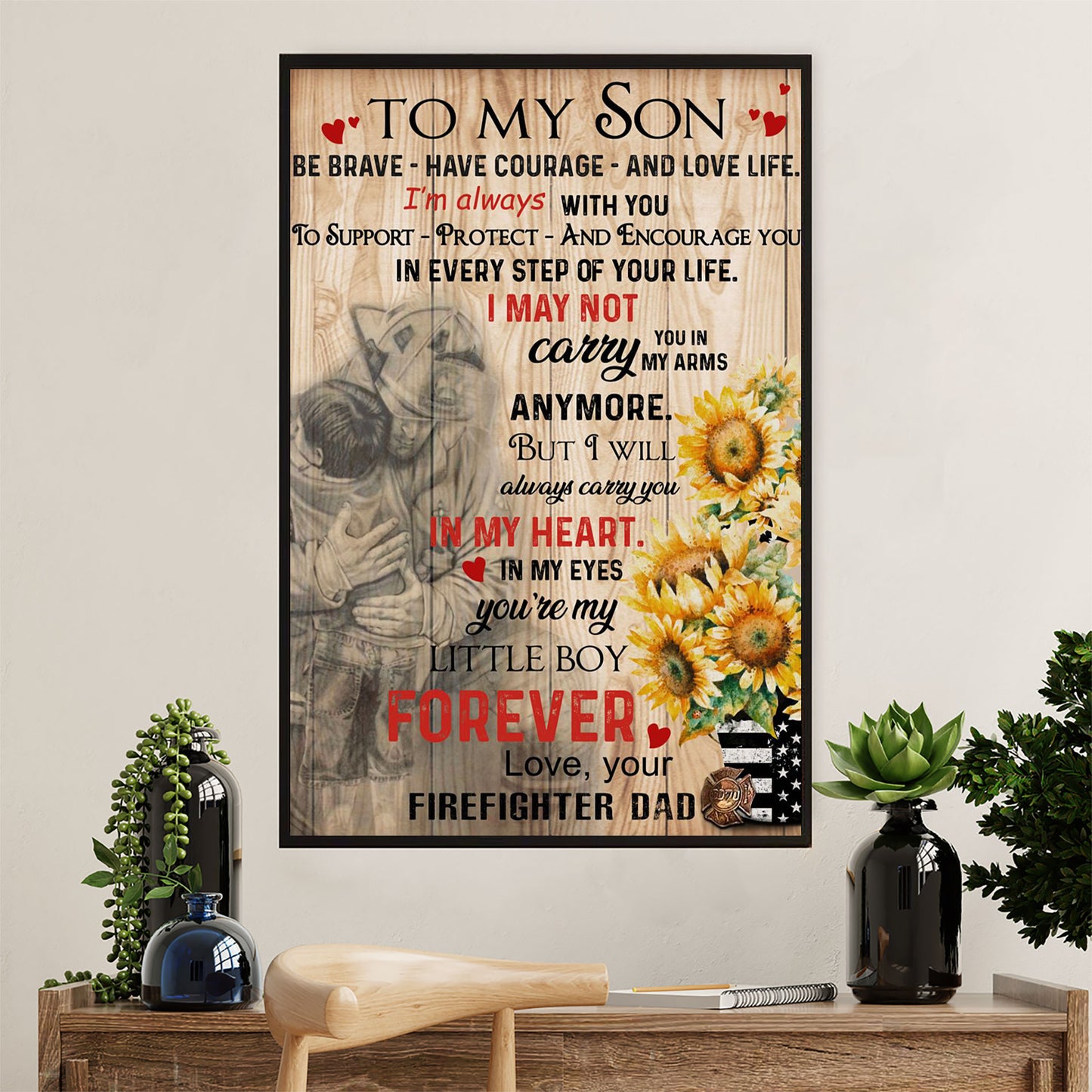 Firefighter Pride Canvas Wall Art Prints | From Firefighter Dad To Son | American Independence Day Gift for Fireman