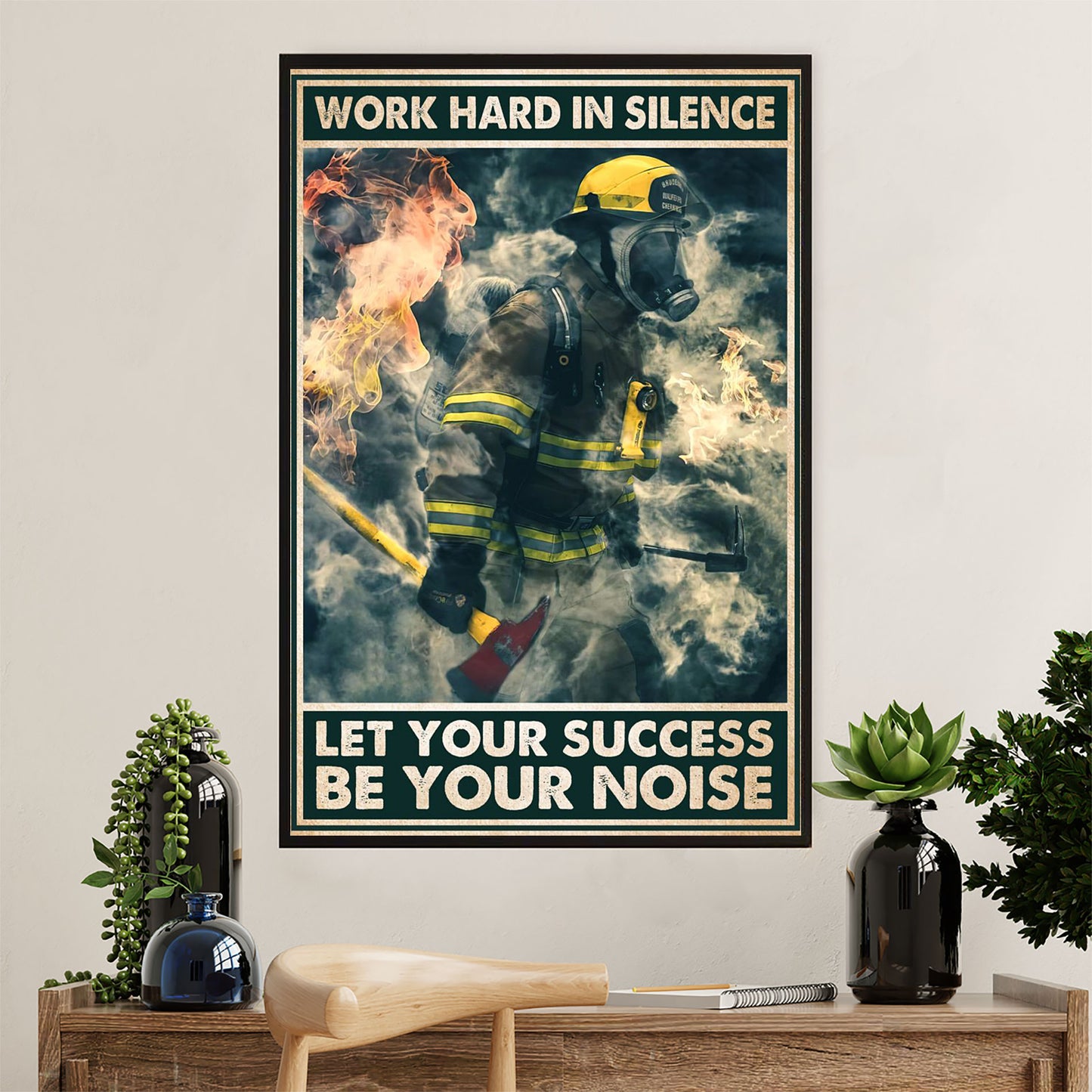 Firefighter Pride Poster Wall Art | Work Hard In Silence | American Independence Day Gift for Fireman
