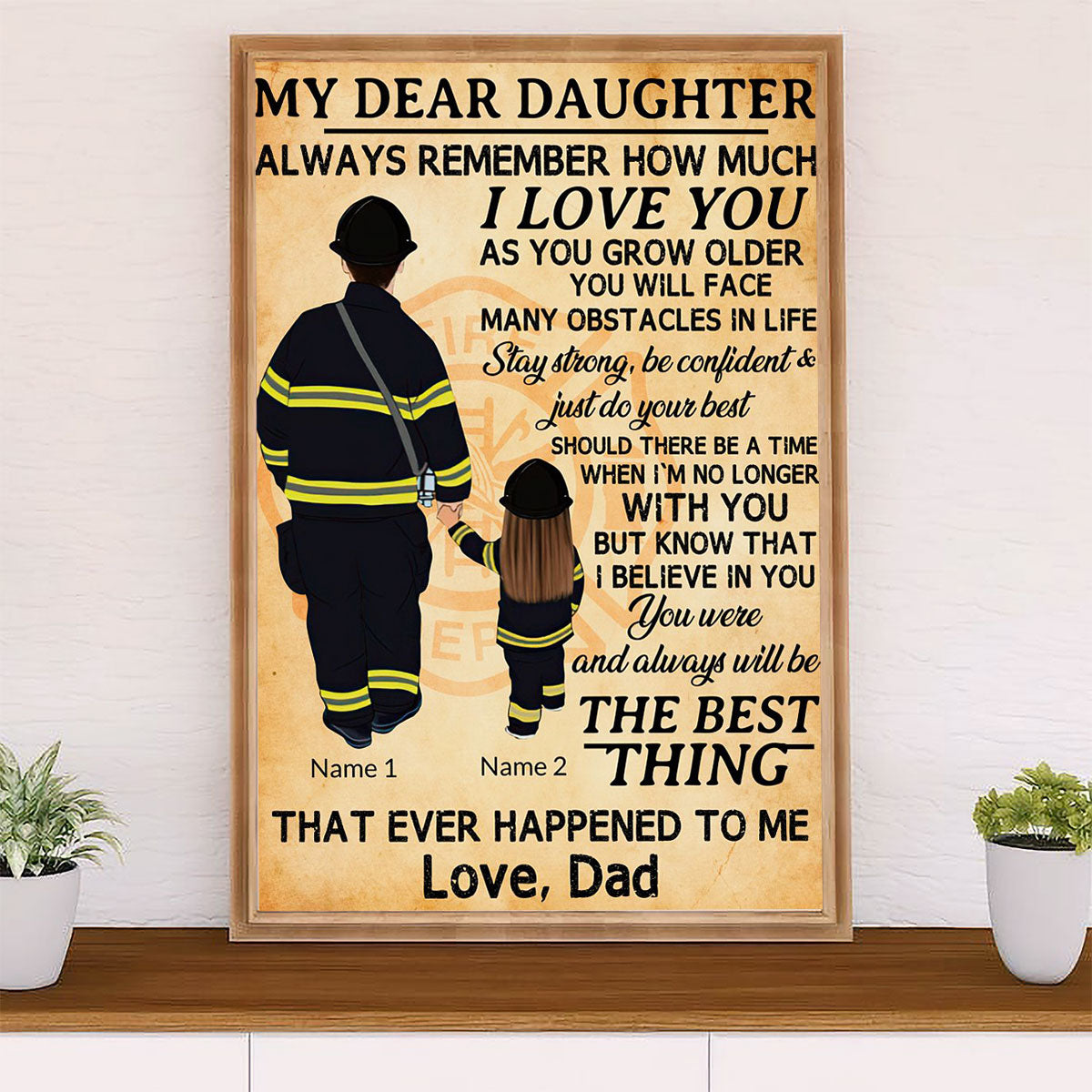 Firefighter Pride Poster Wall Art | Personalized Name Daughter & Dad | American Independence Day Gift for Fireman