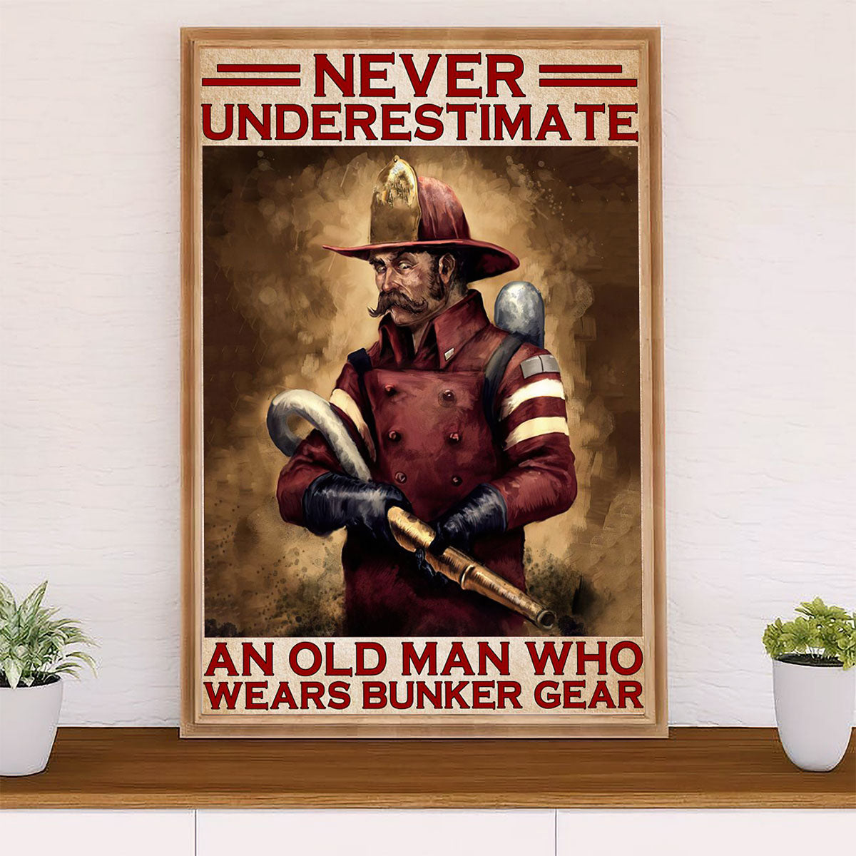 Firefighter Pride Canvas Wall Art Prints | Old Man Wears Bunker Gear | American Independence Day Gift for Fireman